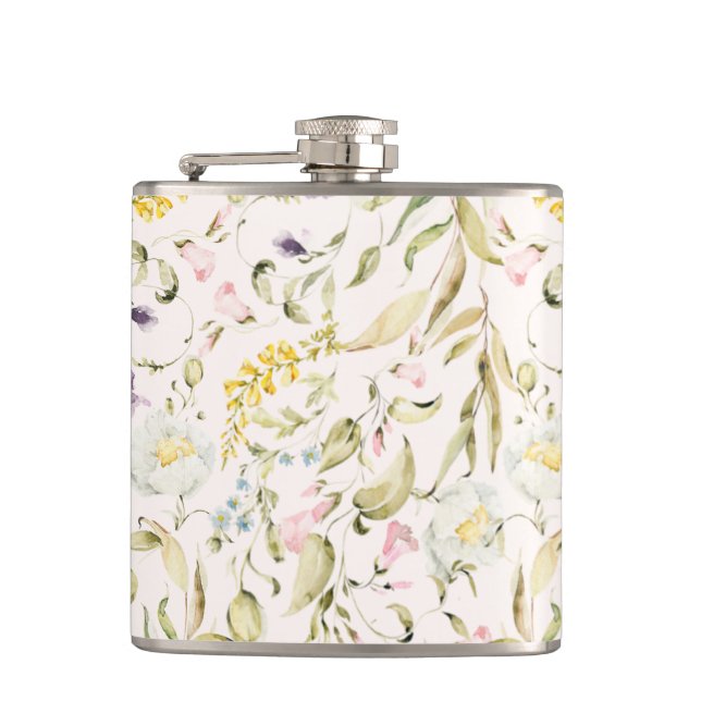 Spring Boho Wildflower Pampas Wedding Hip Flask (Front)