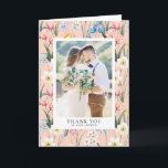Spring Botanical Flowers Pattern Photo Wedding Thank You Card<br><div class="desc">Send thanks to family and friends for being part of your special day with this customisable wedding thank you card. It features a botanical pattern of tulips,  narcissus. pink freesia. blue iris,  aquilegia and foliage. This botanical thank you card will also be perfect for graduations and other events.</div>