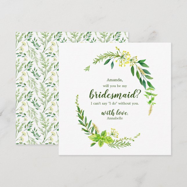 Spring Botanical Herbs Will You be my Bridesmaid Invitation (Front/Back)