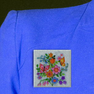 Spring Bouquet Flowers Butterflies 15 Cm Square Badge