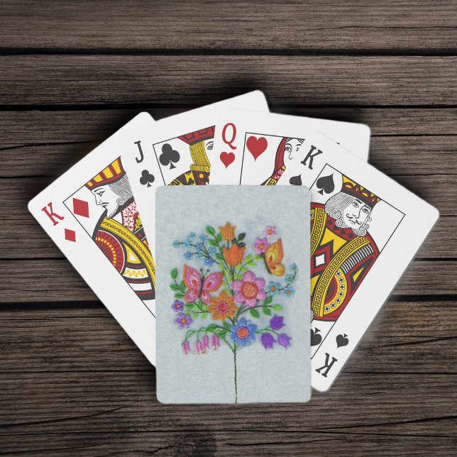 Spring Bouquet Flowers Butterflies Playing Cards (Bouquet bright spring flowers on stem pink and yellow butterflies embroidery look on white deck card)