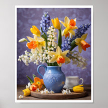 Spring Bouquet of Daffodils Hyacinths Blue Vase