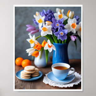 Spring Bouquet of Daffodils Hyacinths Teacup Poster