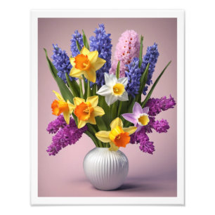 Spring Bouquet of Daffodils Hyacinths White Vase Photo Print