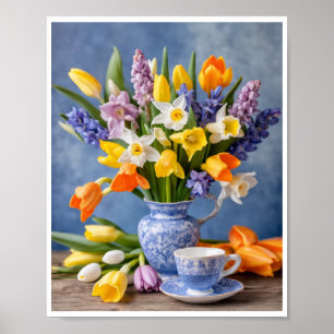 Spring Bouquet of Daffodils Tulips Teacup Poster