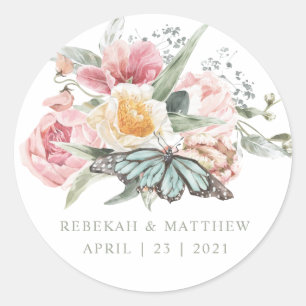 Spring Bouquet   Tulip and Butterfly Watercolor Classic Round Sticker