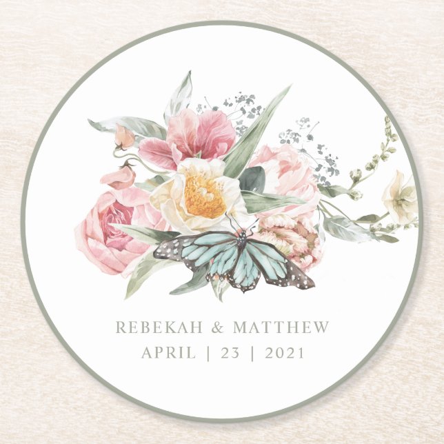 Spring Bouquet | Tulip and Butterfly Watercolor Round Paper Coaster (Front)