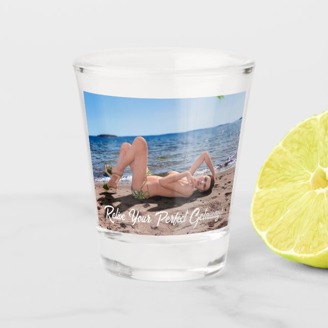 Spring Break Girl Lying on Sandy Beach Shot Glass (Front)