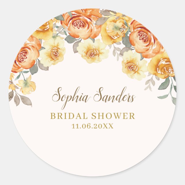 Spring Bridal Shower Featuring Orange Blossoms Classic Round Sticker (Front)