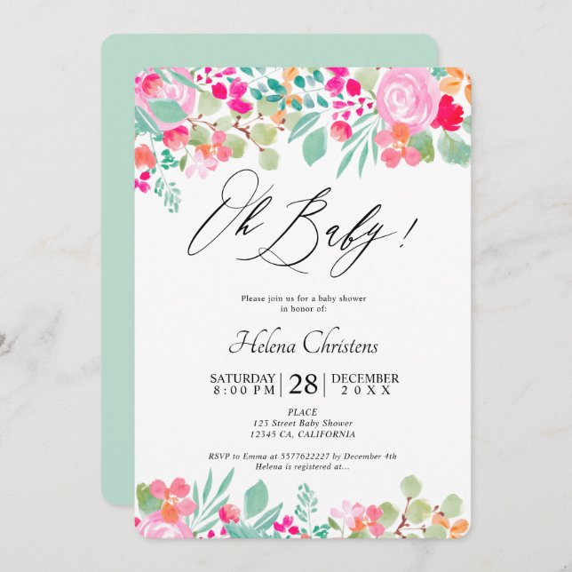 Spring bright pink floral watercolor baby shower invitation (Front/Back)