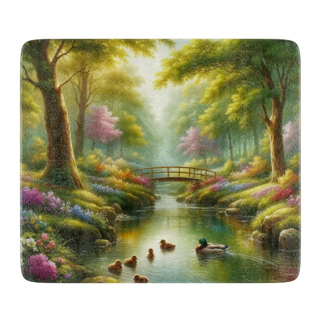 Spring brook with ducks/flowers cutting board (Front)