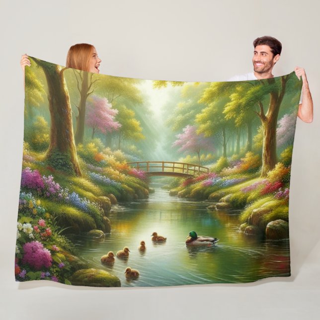 Spring brook with ducks/flowers fleece blanket (In Situ)