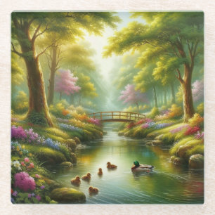 Spring brook with ducks/flowers glass coaster