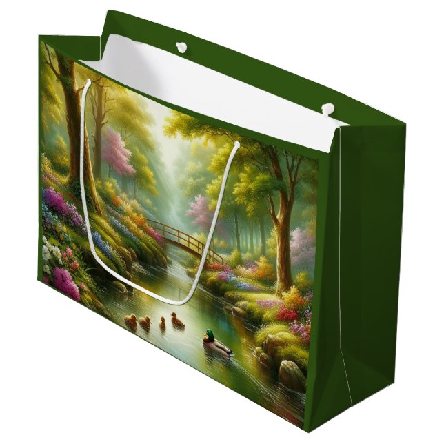 Spring brook with ducks/flowers large gift bag (Front Angled)