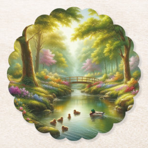 Spring brook with ducks/flowers paper coaster
