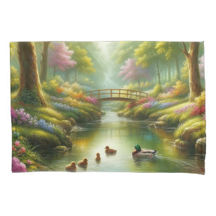 Spring brook with ducks/flowers pillowcase