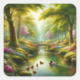 Spring brook with ducks/flowers square sticker