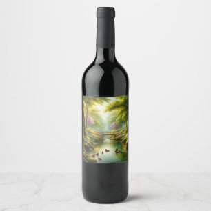 Spring brook with ducks/flowers wine label