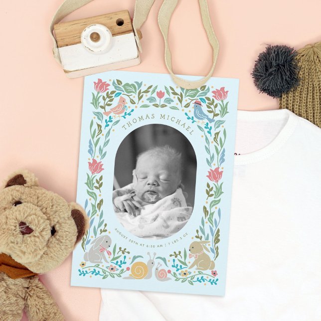 Spring Bunnies Birds Snail Blue Photo Birth Invitation (Creator Uploaded)