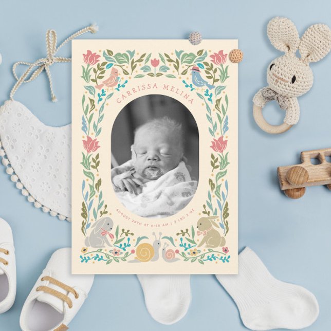 Spring Bunnies Birds Snail Pastel Photo Birth Invitation (Creator Uploaded)