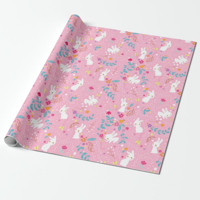 Spring Bunnies Pink Wrapping Paper (Unrolled)