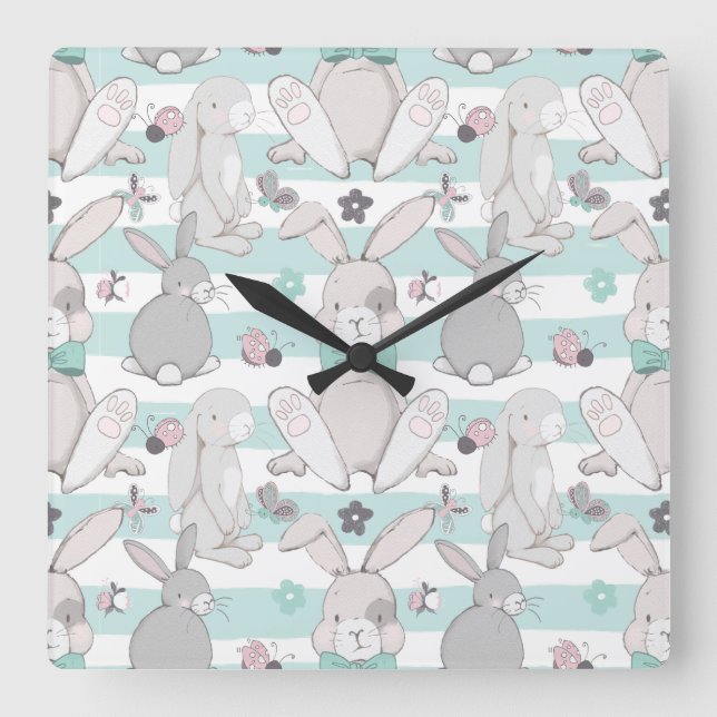 Spring bunnies square wall clock (Front)