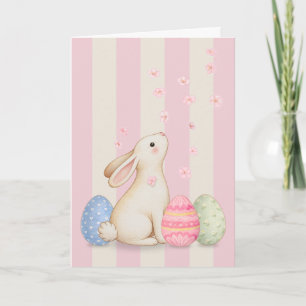 Spring Bunny and Eggs Pink Stripes 5x7 Easter Card