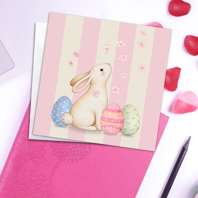 Spring Bunny and Eggs Stripes Square Easter Card (Creator Uploaded)