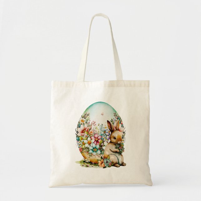 Spring Bunny And Floral Egg - Easter Tote Bag (Front)
