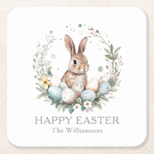 Spring Bunny Easter Eggs Garland Personalised Square Paper Coaster