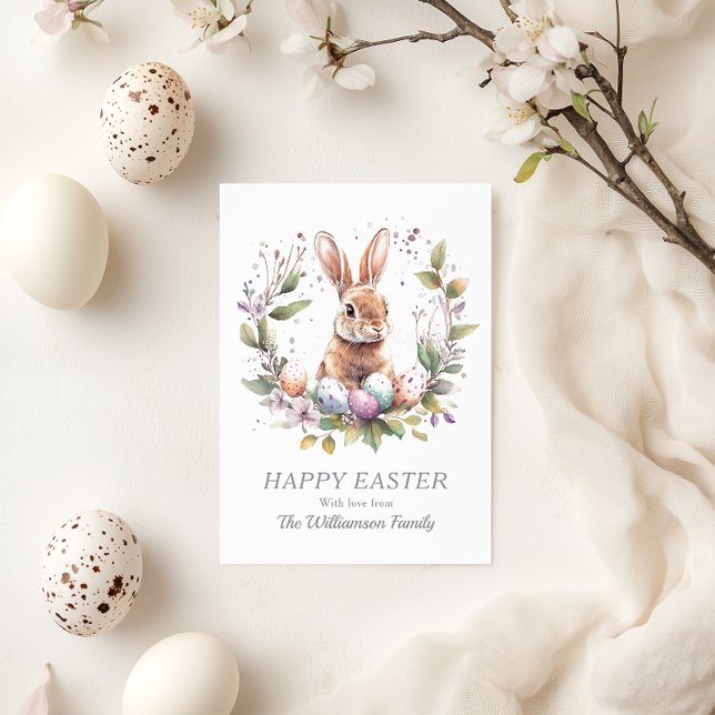 Spring Bunny Easter Eggs Wreath Personalised Holiday Card (See the collection for matching items for Easter Brunch celebrations)