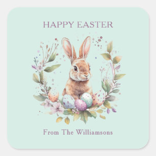 Spring Bunny Easter Eggs Wreath Personalized Square Sticker