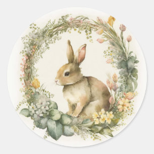 Spring Bunny In Floral Wreath Classic Round Sticker