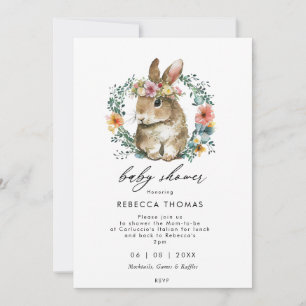 spring bunny rabbit floral wreath baby shower invitation