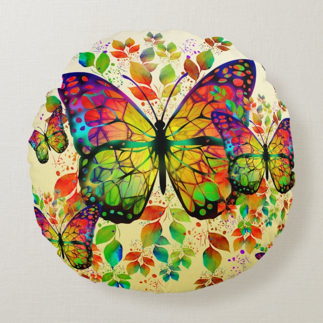 SPRING BUTTERFLIES COLORFUL NATURE ROUND CUSHION (Front)