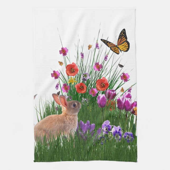 Spring Butterfly Flower Garden Tea Towel (Vertical)
