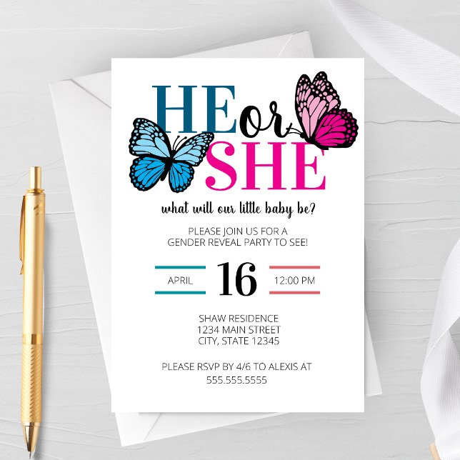 Spring Butterfly Gender Reveal Party Invitation (He or She Butterfly Garden Spring Gender Reveal Party Invitation)