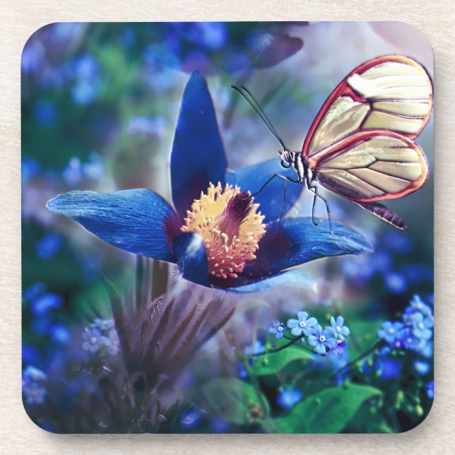 Spring Butterfly on Blue Flower Coaster (Front)