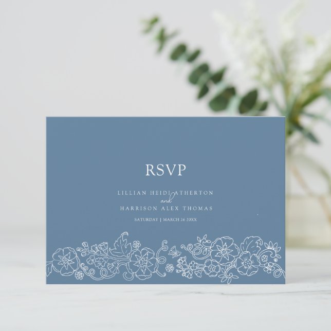 Spring butterfly wedding meal option mid blue grey RSVP card (Standing Front)