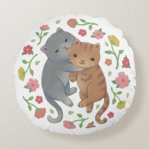 Spring Cats & Flowers Illustration Round Cushion