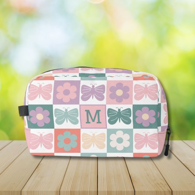 Spring chequered flower butterfly custom monogram dopp kit (Creator Uploaded)