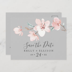 Spring Cherry Blossom Grey Save the Date Postcard