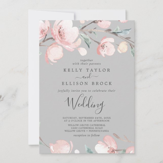 Spring Cherry Blossom | Grey Wedding Invitation (Front)