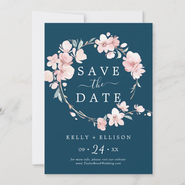Spring Cherry Blossom | Navy Save the Date Card (Front)