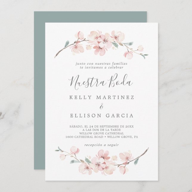 Spring Cherry Blossom Spanish Nuestra Boda Invitation (Front/Back)