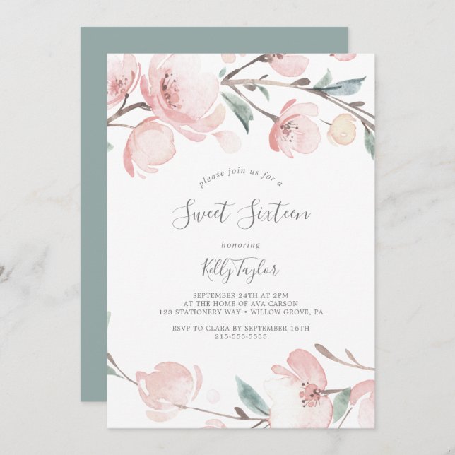 Spring Cherry Blossom Sweet Sixteen Birthday Invitation (Front/Back)