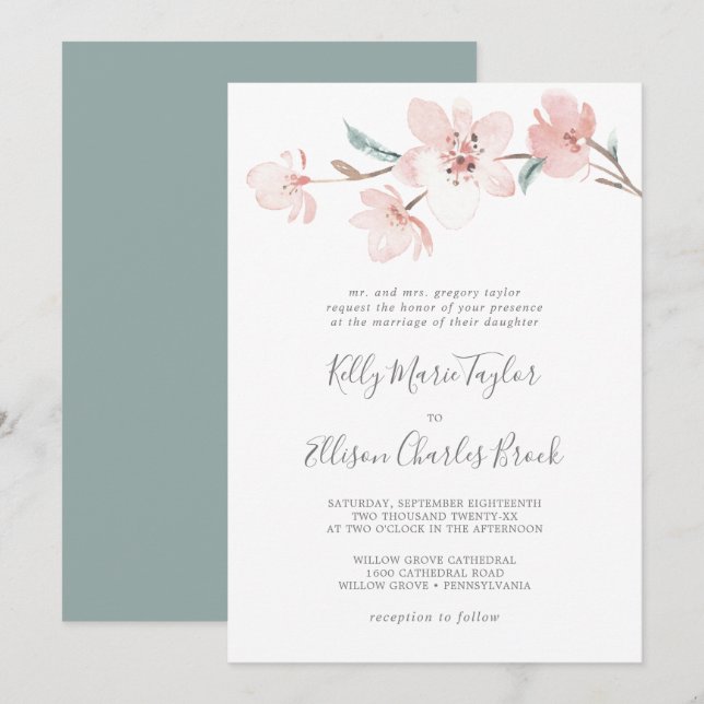 Spring Cherry Blossom Traditional Wedding Invitation (Front/Back)