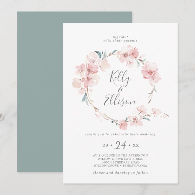 Spring Cherry Blossom Wreath Wedding Invitation (Front/Back)