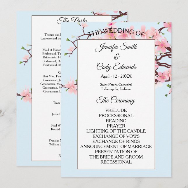 Spring Cherry Blossoms Blue Wedding Program Programme (Front/Back)