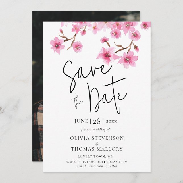 Spring Cherry Blossoms Photo Wedding Save the Date Invitation (Front/Back)